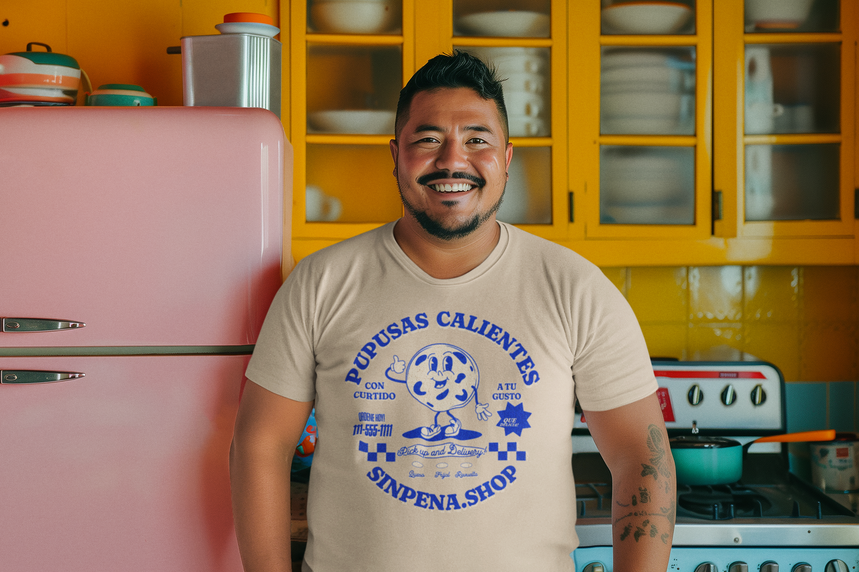 t-shirt-mockup-featuring-an-ai-generated-happy-bearded-man-posing-in-a-kitchen